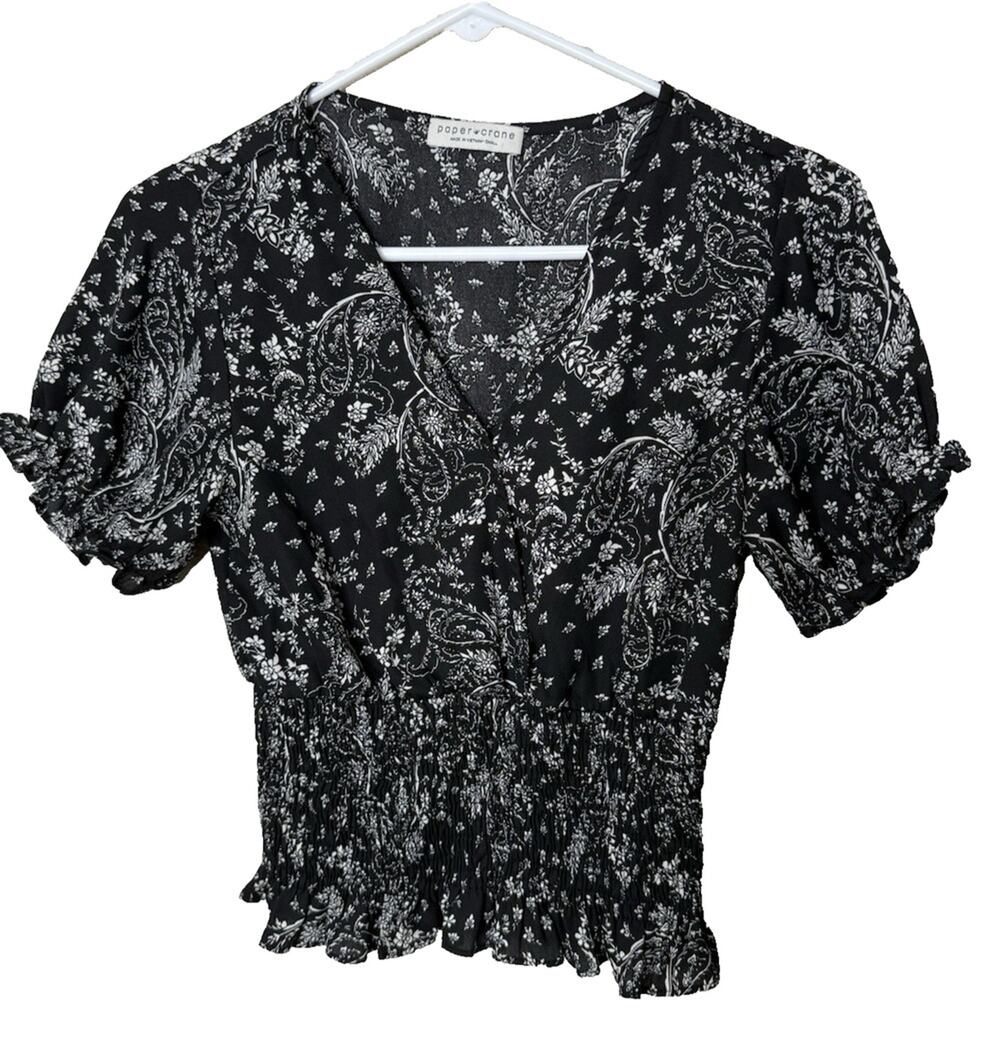 Paper Crane S Crop Top Size Small Smocked Boho Black White Paisley Shirt